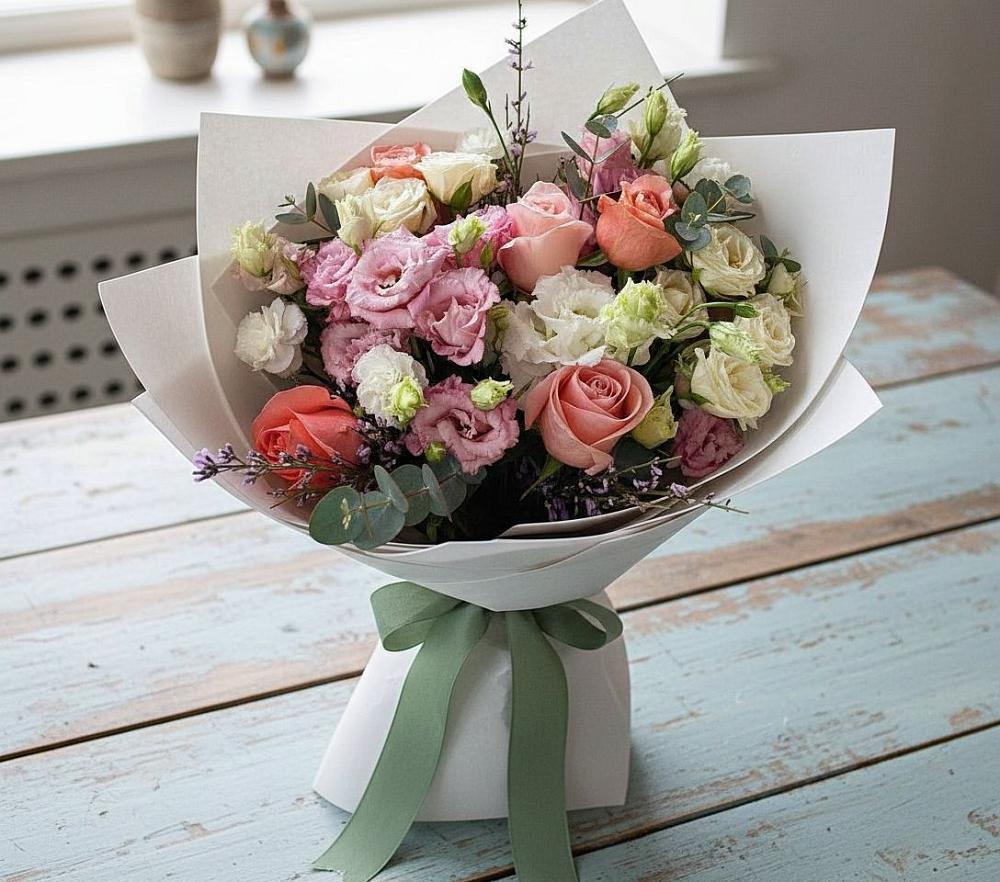 Букет цветов из: Розы, Лизиантусы и Гвоздики в Уральском