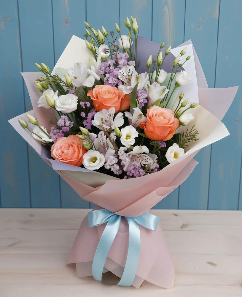 Букет цветов из: Лизиантусы, Розы, Альстромерии и Гипсофила в Уральском