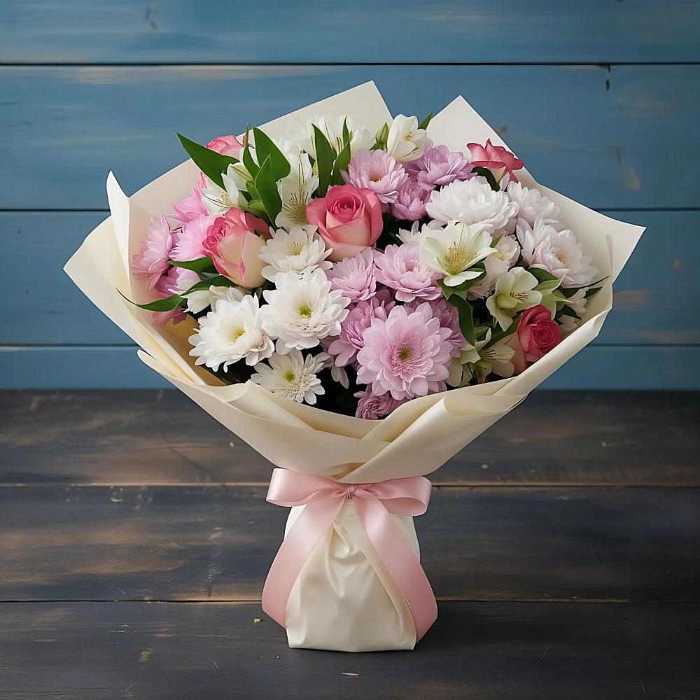 Букет цветов из: Хризантемы, Альстромерии и Розы в Уральском